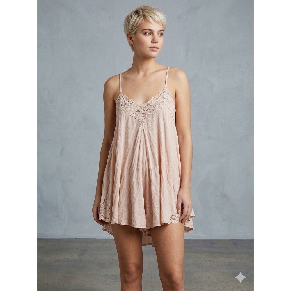 Y2K‎ VTG Babydoll Slip Dress Mini Swing Trapeze Fairy Coquette Pink Lace Small